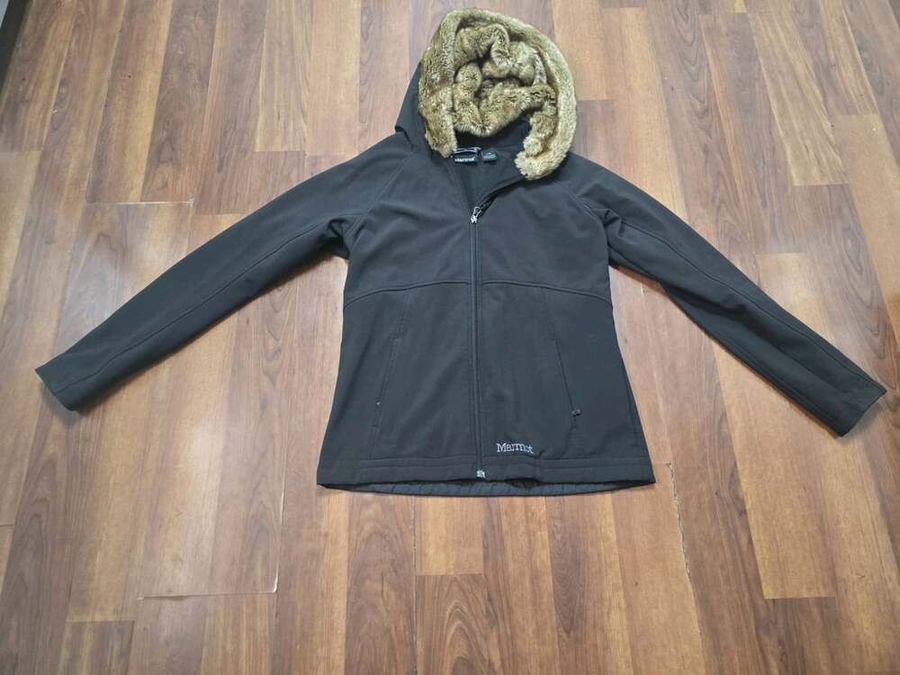Marmot Jacket Womens XL Black Softshell Fleece Lined Faux Fur Hood ZipUp Outdoor
